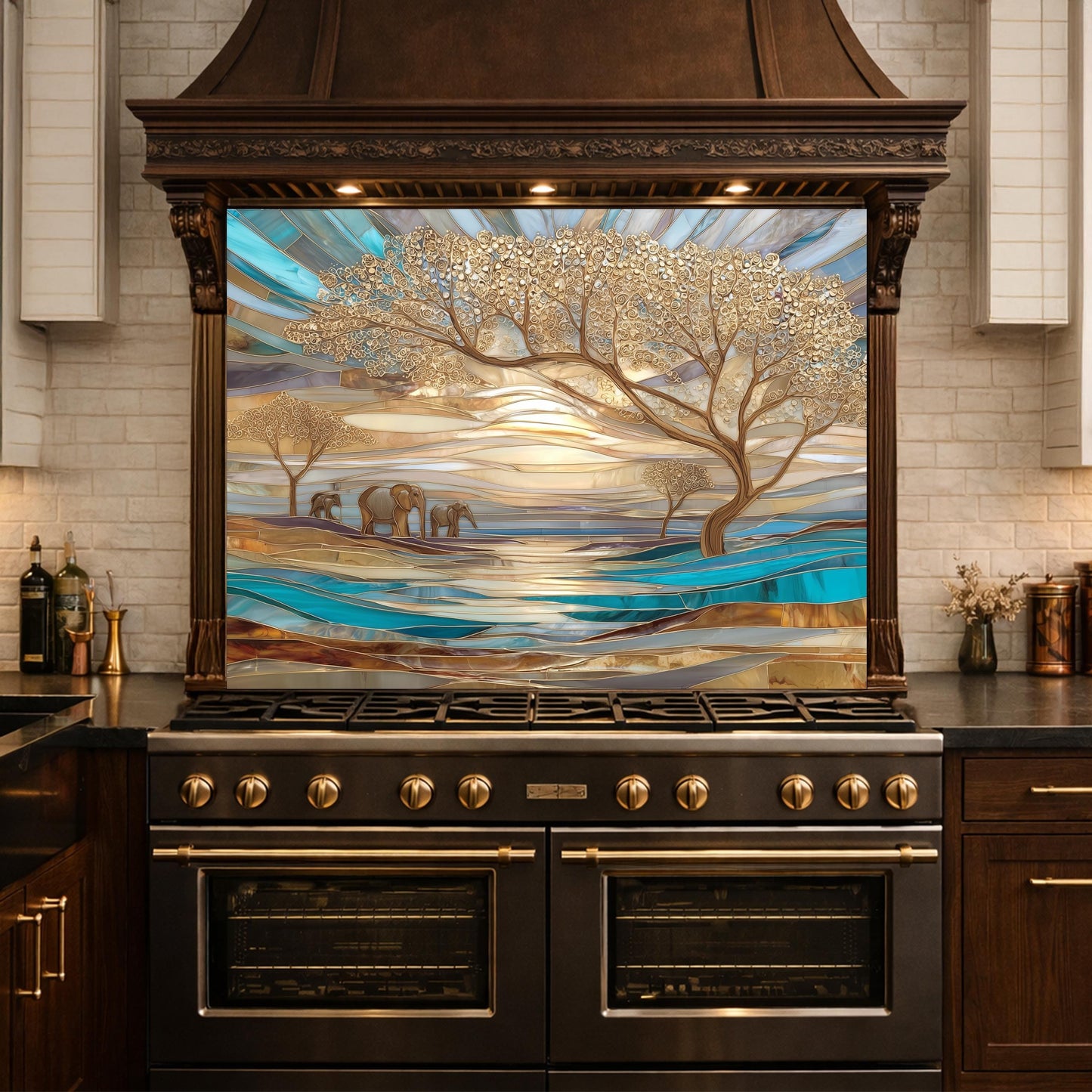 Luxury Elephant Glass Backsplash Blue Gold Savannah Tree Kitchen Wall Panel Art