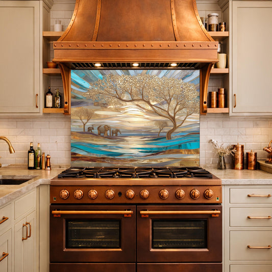 Luxury Elephant Glass Backsplash Blue Gold Savannah Tree Kitchen Wall Panel Art