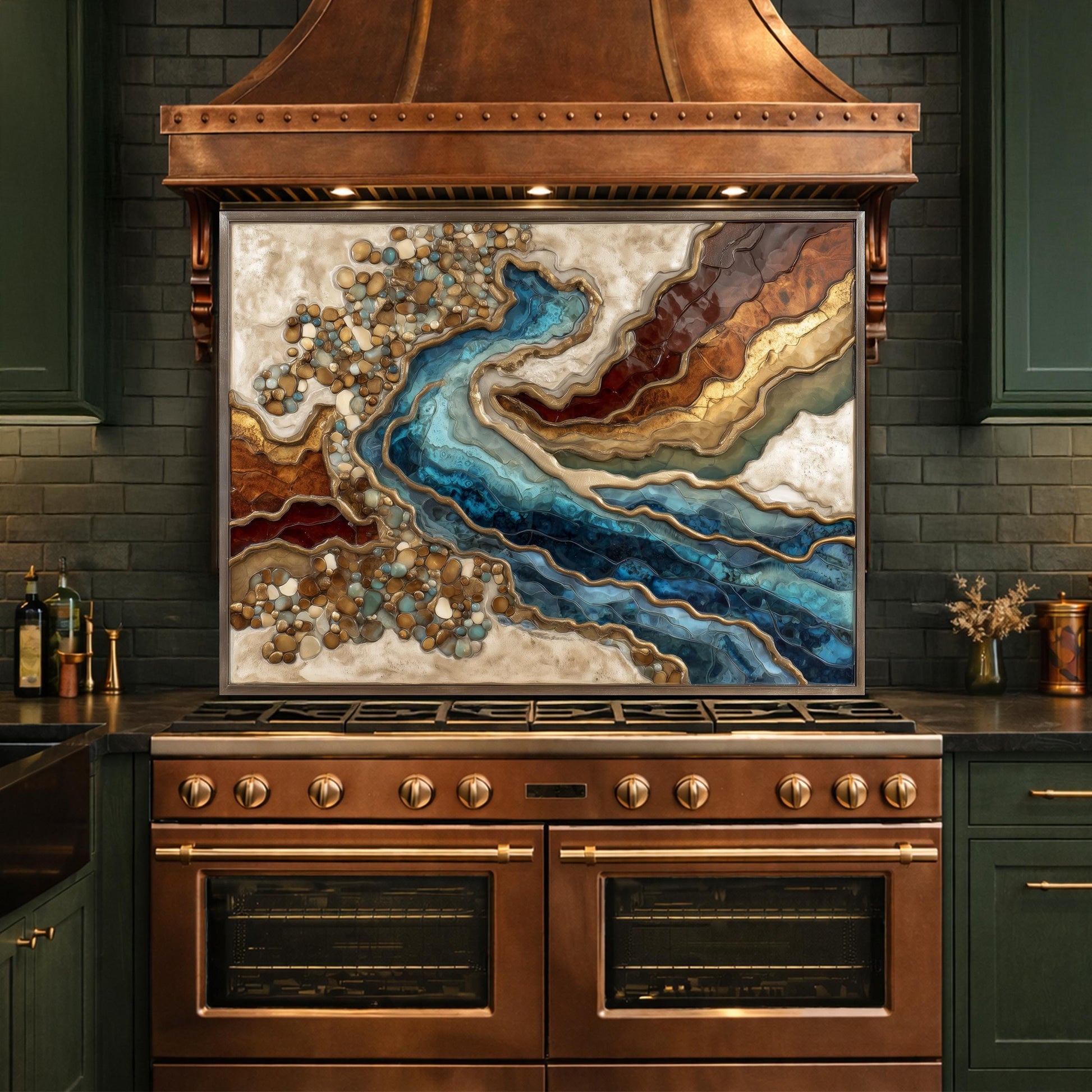 Abstract River Glass Backsplash Blue Gold Marble Kitchen Wall Panel Decor