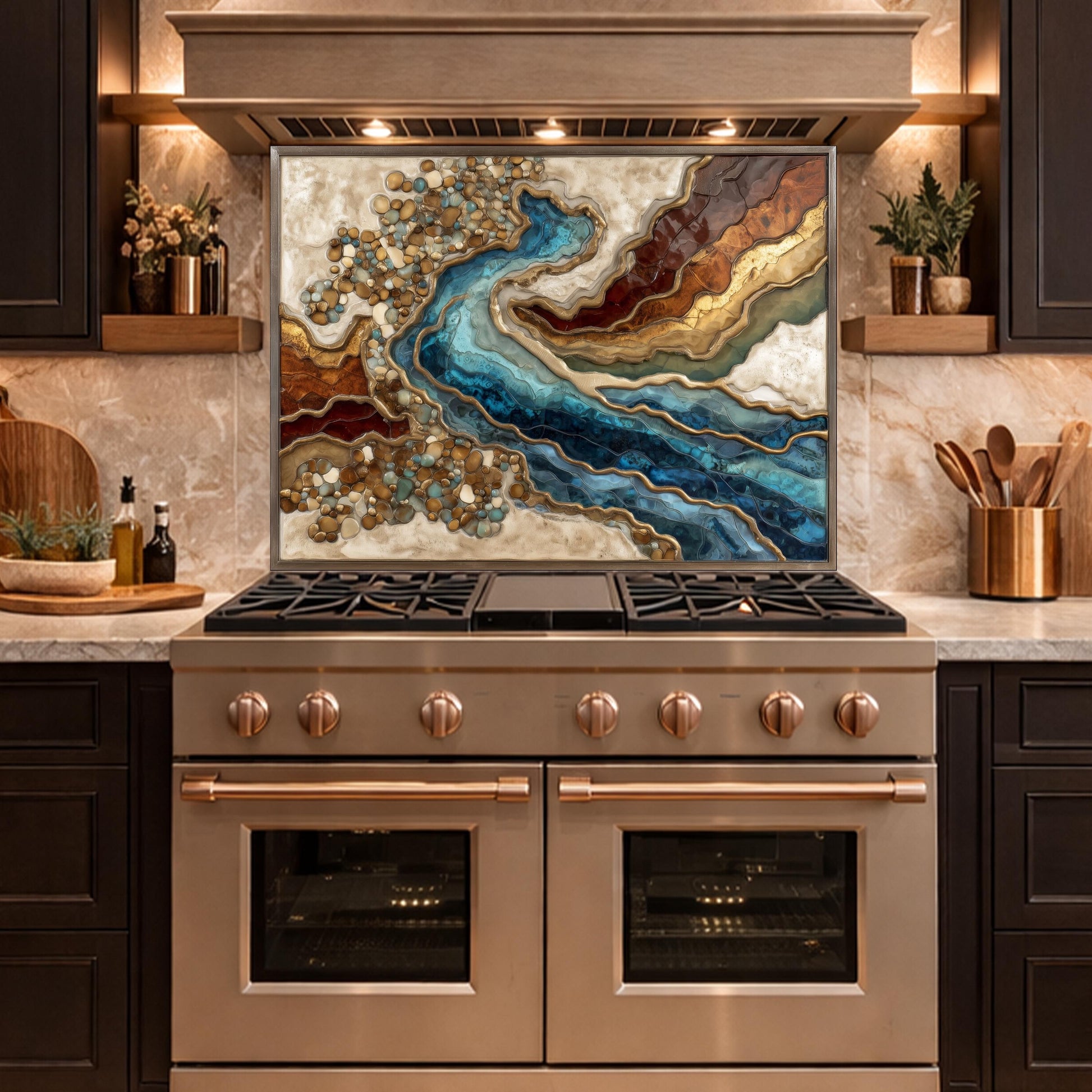Abstract River Glass Backsplash Blue Gold Marble Kitchen Wall Panel Decor