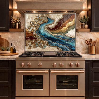 Abstract River Glass Backsplash Blue Gold Marble Kitchen Wall Panel Decor