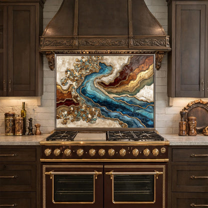 Abstract River Glass Backsplash Blue Gold Marble Kitchen Wall Panel Decor