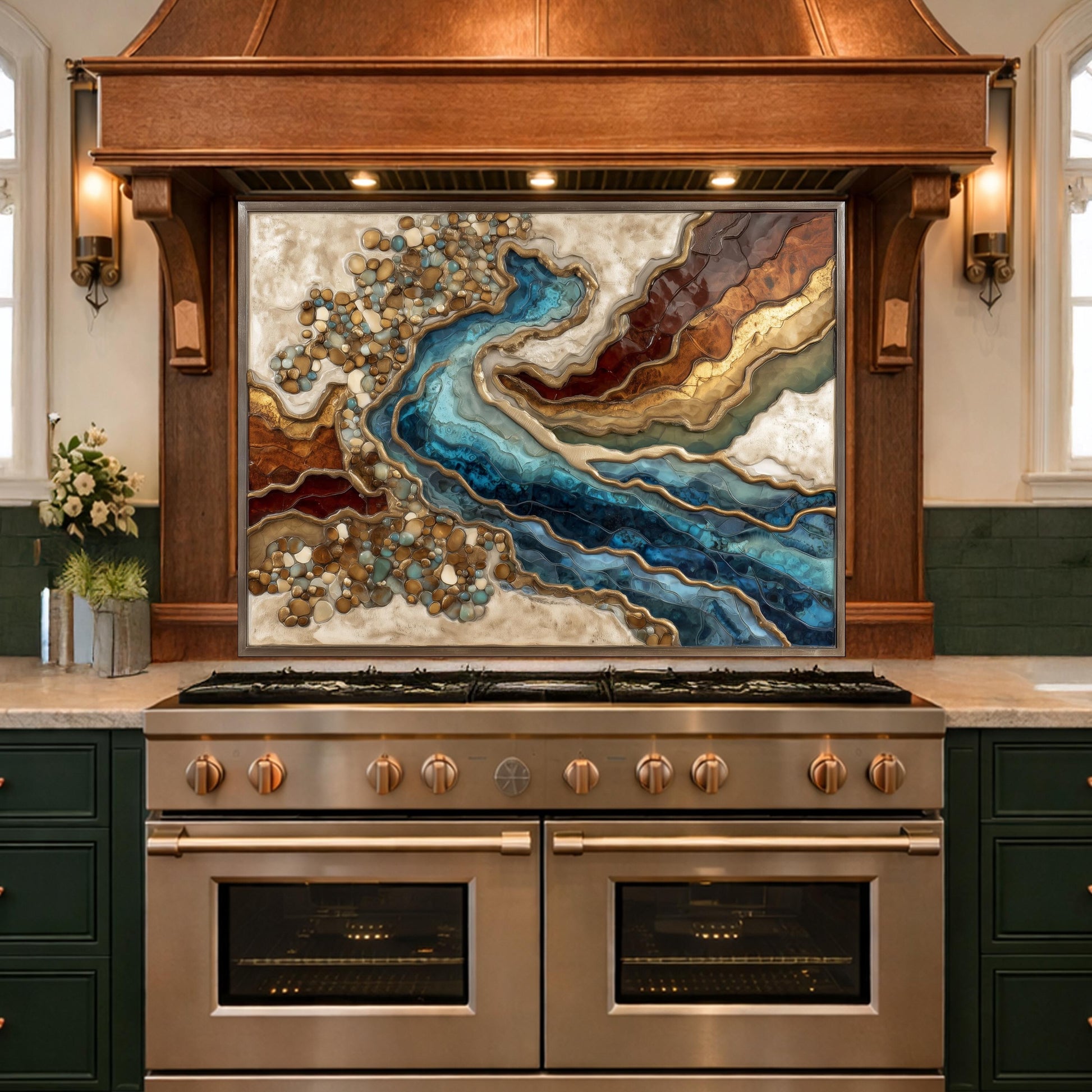 Abstract River Glass Backsplash Blue Gold Marble Kitchen Wall Panel Decor
