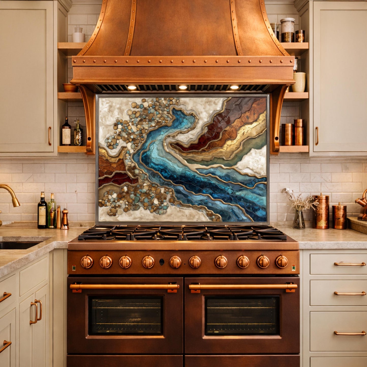 Abstract River Glass Backsplash Blue Gold Marble Kitchen Wall Panel Decor