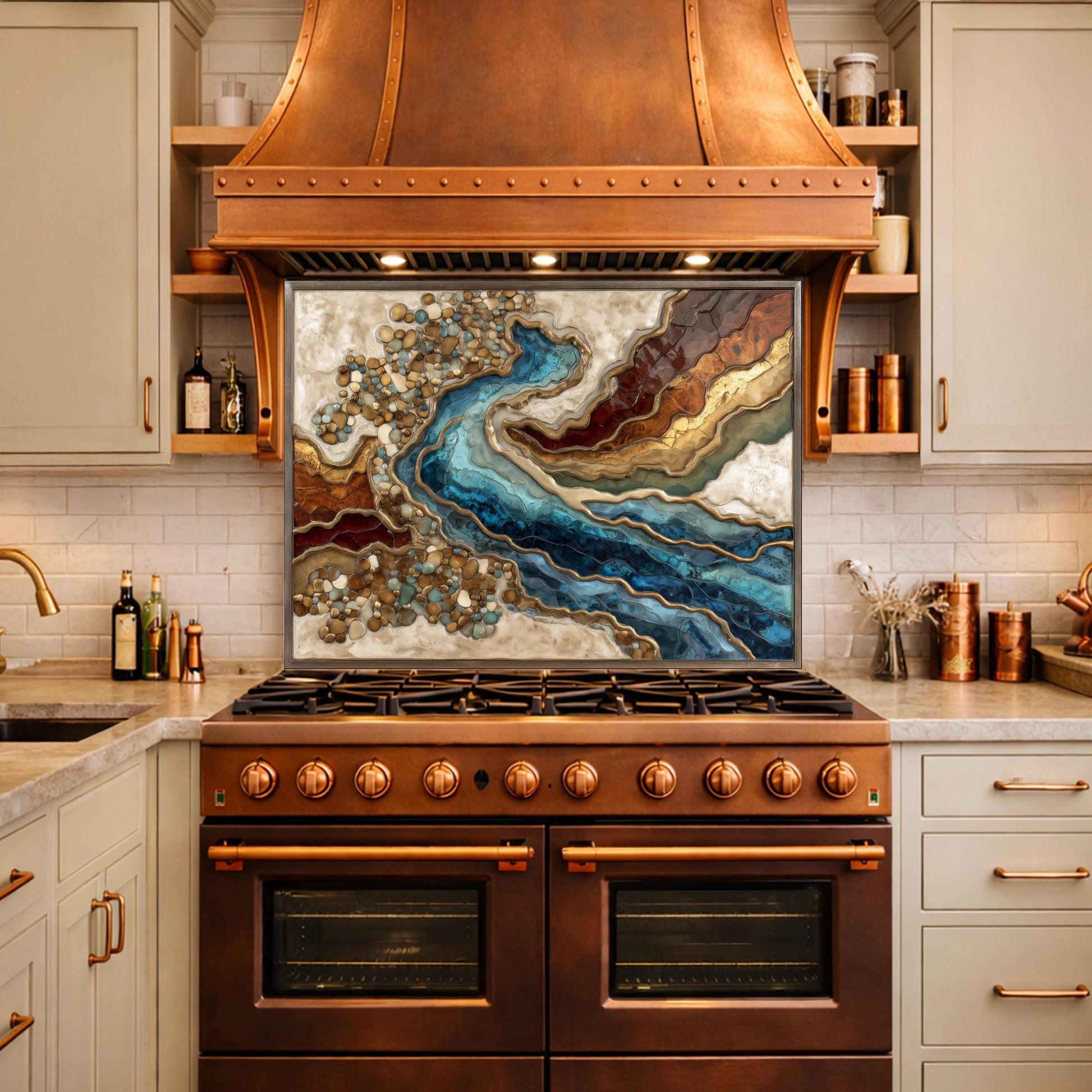 Abstract River Glass Backsplash Blue Gold Marble Kitchen Wall Panel Decor