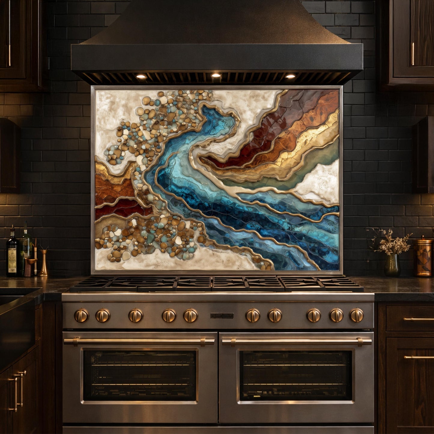 Abstract River Glass Backsplash Blue Gold Marble Kitchen Wall Panel Decor