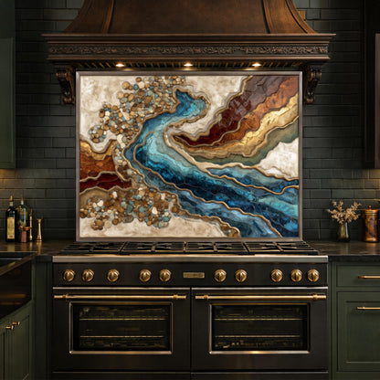 Abstract River Glass Backsplash Blue Gold Marble Kitchen Wall Panel Decor