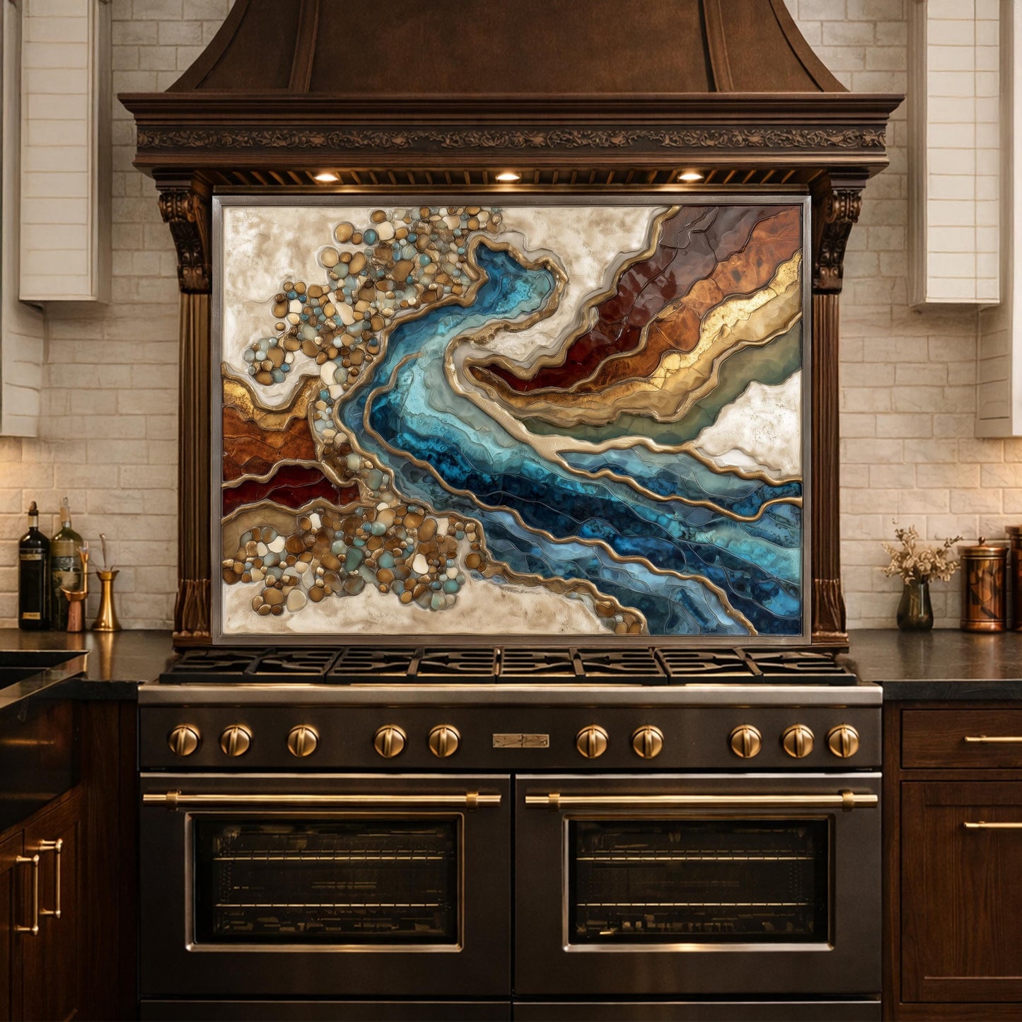 Abstract River Glass Backsplash Blue Gold Marble Kitchen Wall Panel Decor