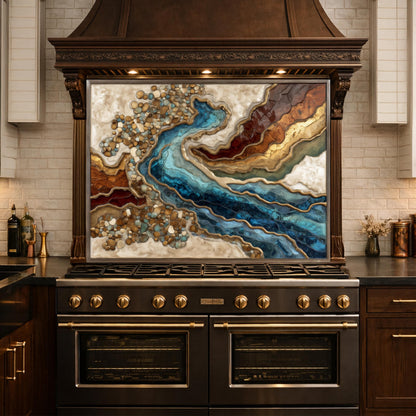 Abstract River Glass Backsplash Blue Gold Marble Kitchen Wall Panel Decor