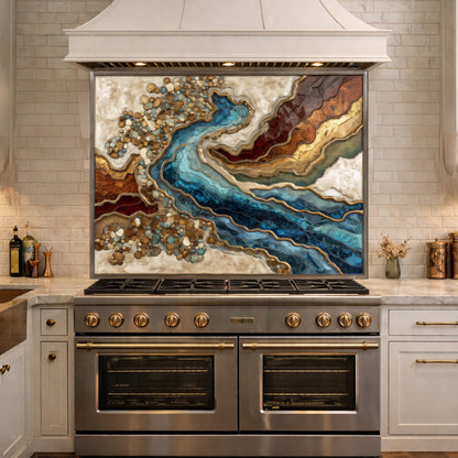 Abstract River Glass Backsplash Blue Gold Marble Kitchen Wall Panel Decor