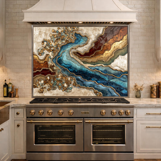 Abstract River Glass Backsplash Blue Gold Marble Kitchen Wall Panel Decor