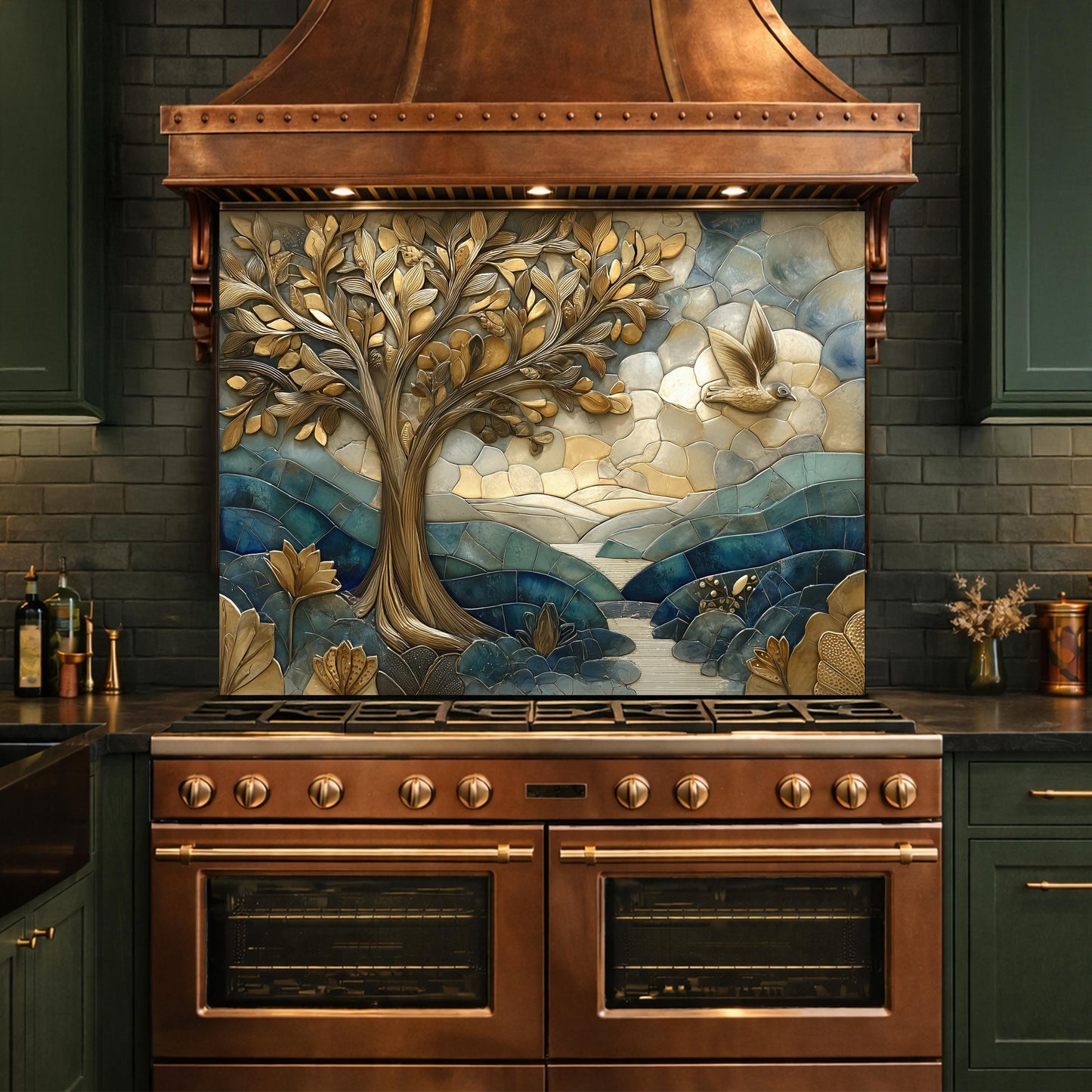 Golden Tree Bird Glass Backsplash Blue Nature Kitchen Wall Decor Pane
