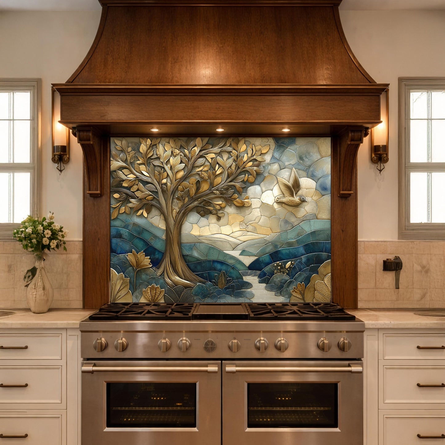 Golden Tree Bird Glass Backsplash Blue Nature Kitchen Wall Decor Pane