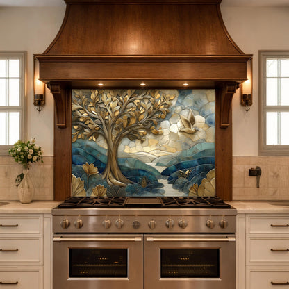 Golden Tree Bird Glass Backsplash Blue Nature Kitchen Wall Decor Pane