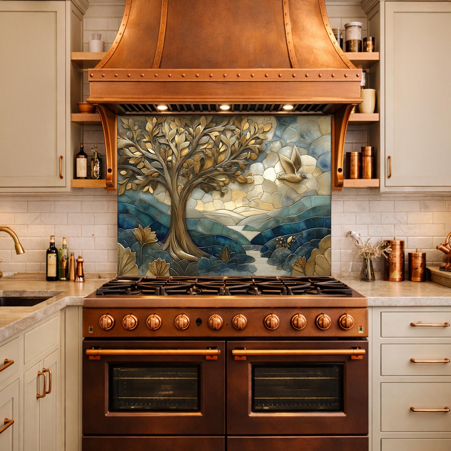 Golden Tree Bird Glass Backsplash Blue Nature Kitchen Wall Decor Pane