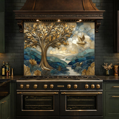 Golden Tree Bird Glass Backsplash Blue Nature Kitchen Wall Decor Pane