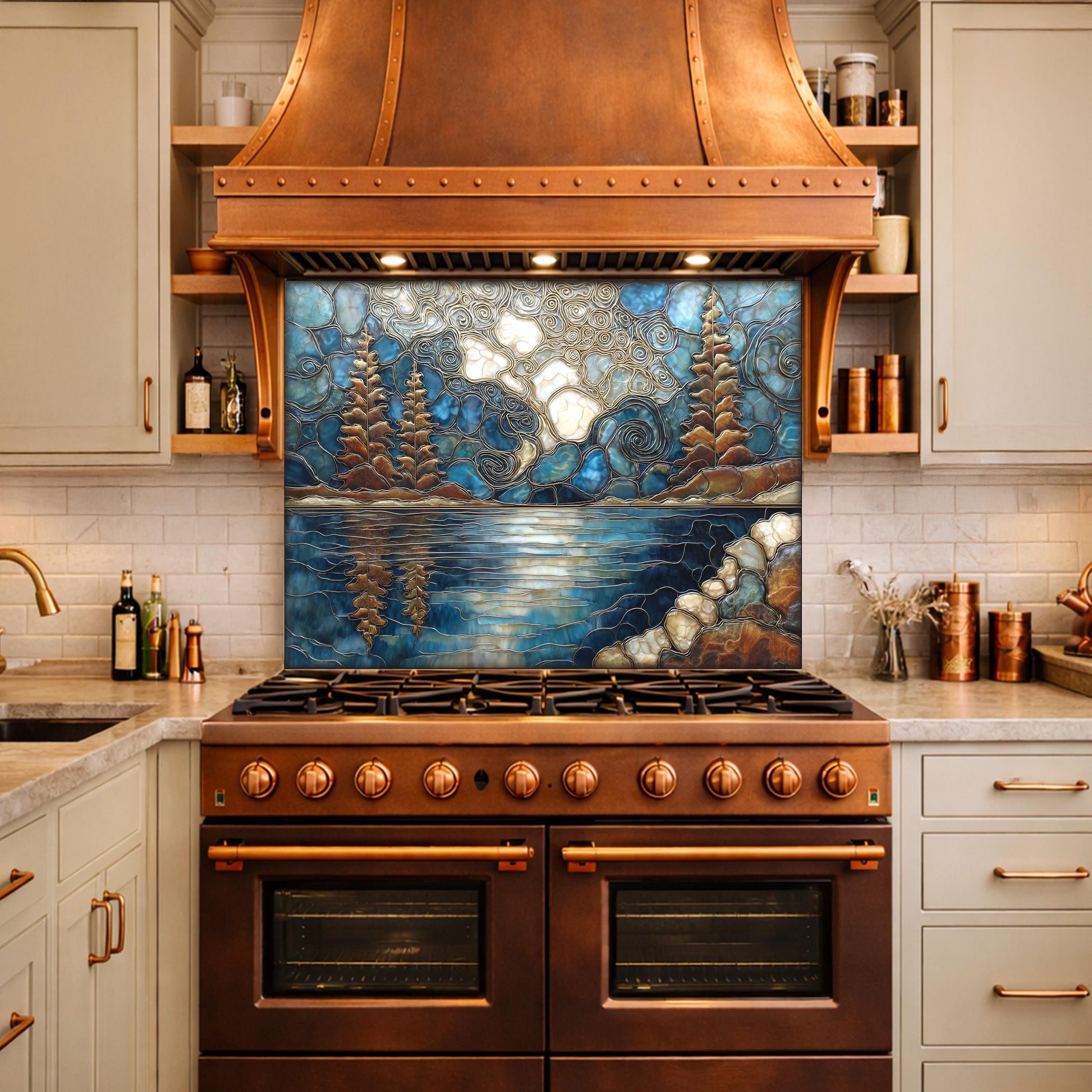 Lake Forest Glass Backsplash Blue Gold Landscape Kitchen Wall Decor Panel