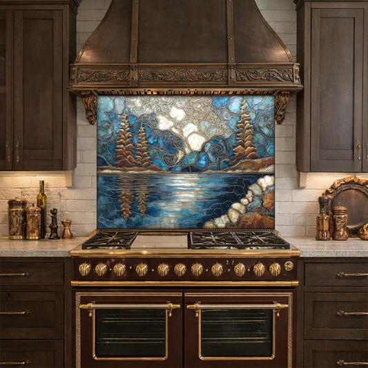 Lake Forest Glass Backsplash Blue Gold Landscape Kitchen Wall Decor Panel