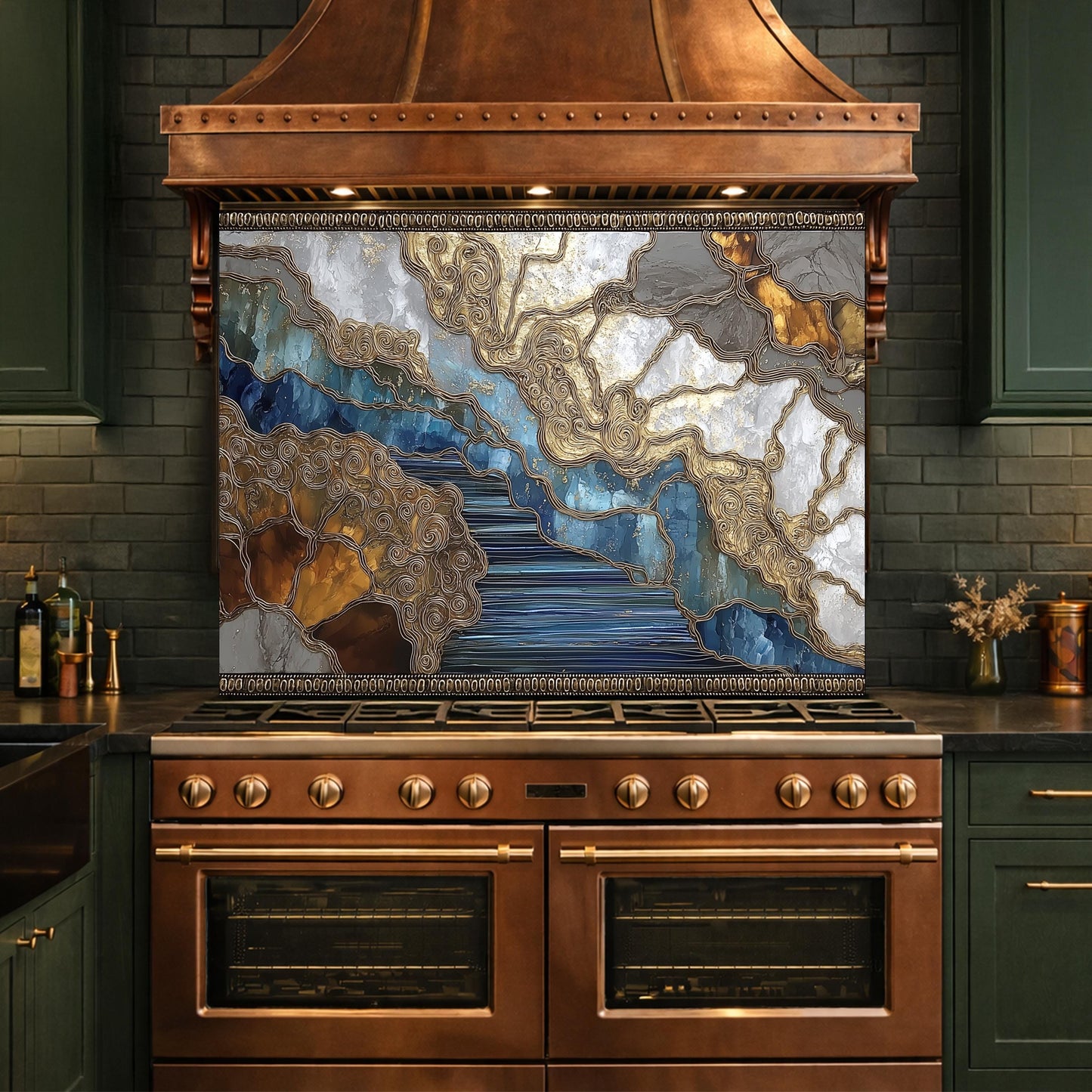 Abstract Marble River Glass Backsplash Blue Gold Kitchen Wall Decor Panel