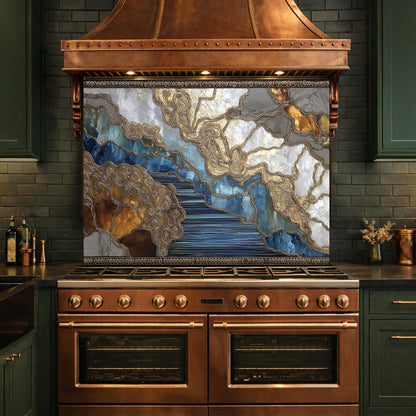 Abstract Marble River Glass Backsplash Blue Gold Kitchen Wall Decor Panel