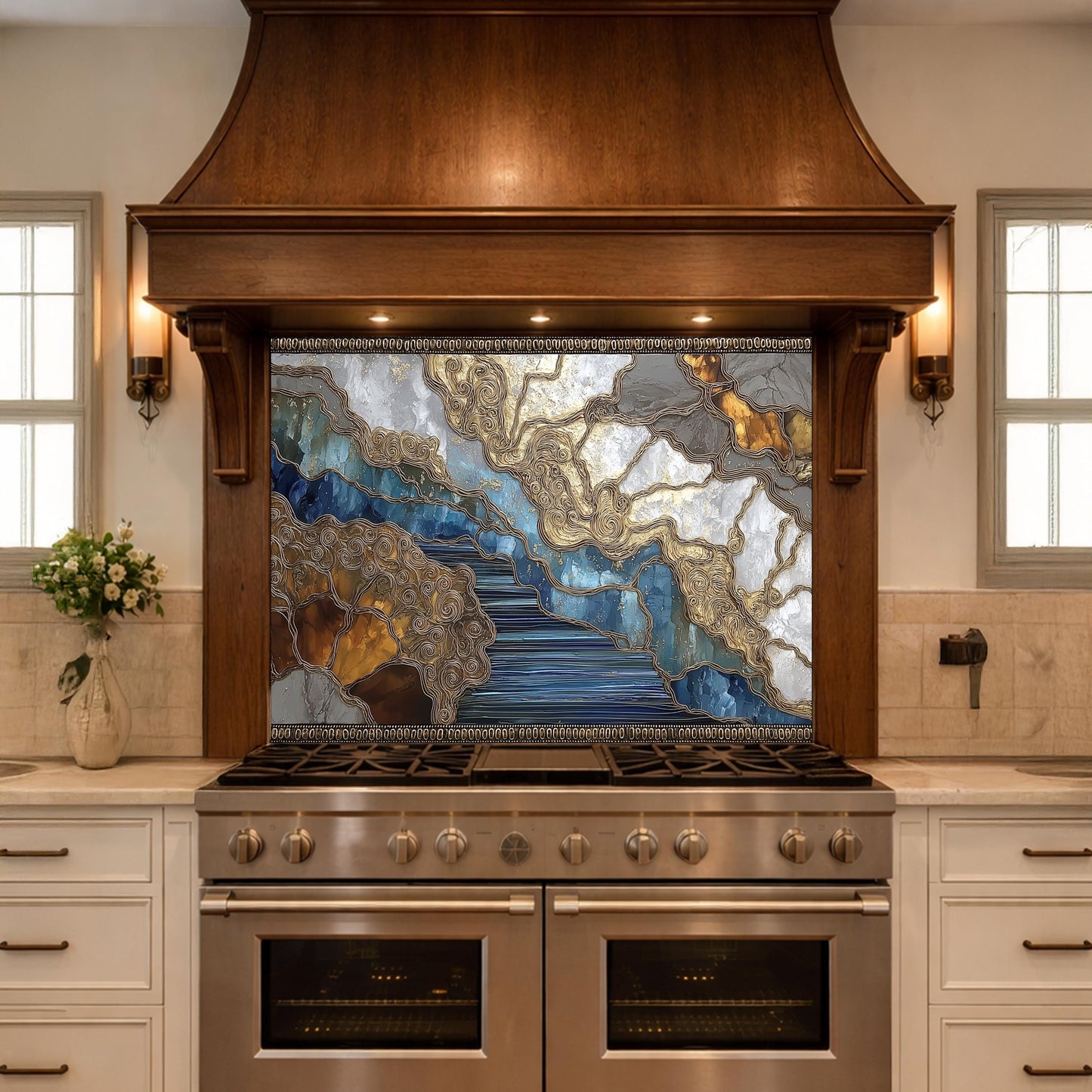 Abstract Marble River Glass Backsplash Blue Gold Kitchen Wall Decor Panel
