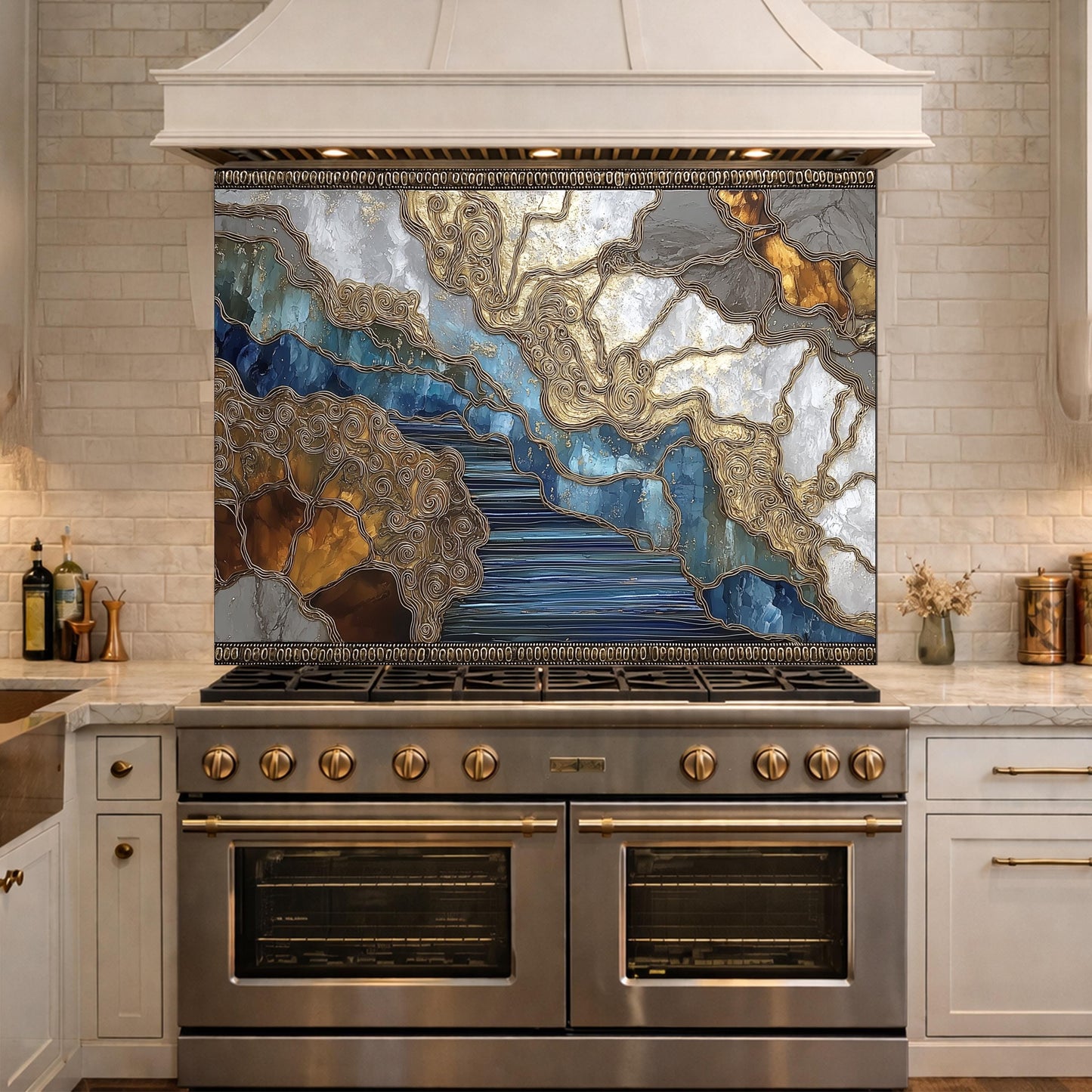 Abstract Marble River Glass Backsplash Blue Gold Kitchen Wall Decor Panel