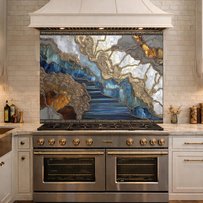 Abstract Marble River Glass Backsplash Blue Gold Kitchen Wall Decor Panel