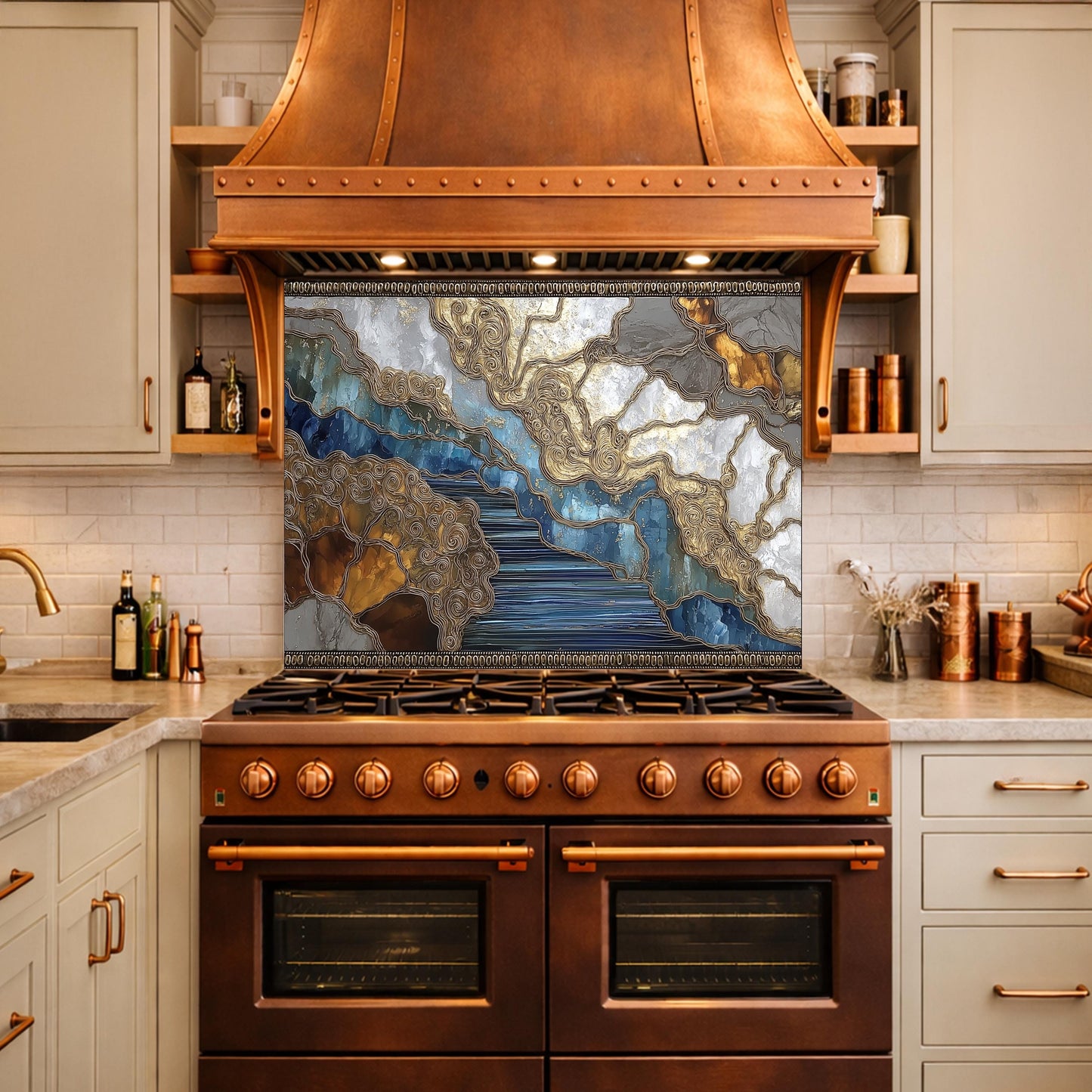 Abstract Marble River Glass Backsplash Blue Gold Kitchen Wall Decor Panel