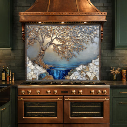 Tree Landscape Glass Backsplash Blue Lake Gold Leaves Kitchen Wall Panel