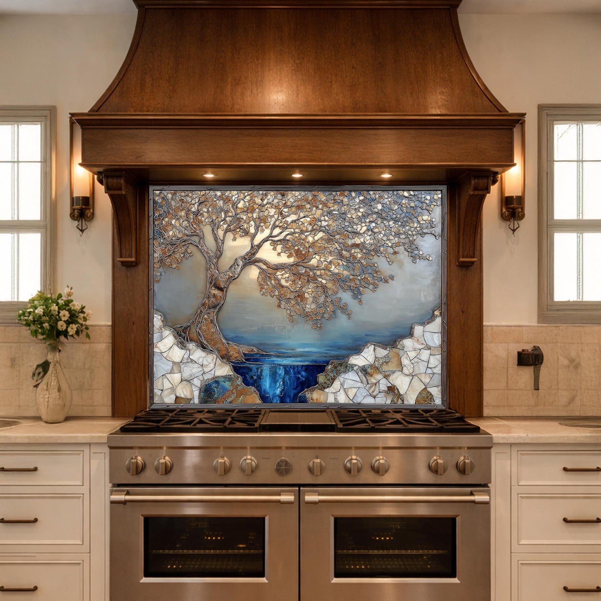 Tree Landscape Glass Backsplash Blue Lake Gold Leaves Kitchen Wall Panel