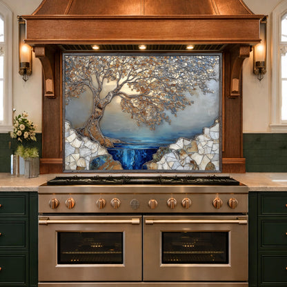 Tree Landscape Glass Backsplash Blue Lake Gold Leaves Kitchen Wall Panel