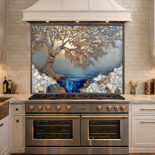 Tree Landscape Glass Backsplash Blue Lake Gold Leaves Kitchen Wall Panel