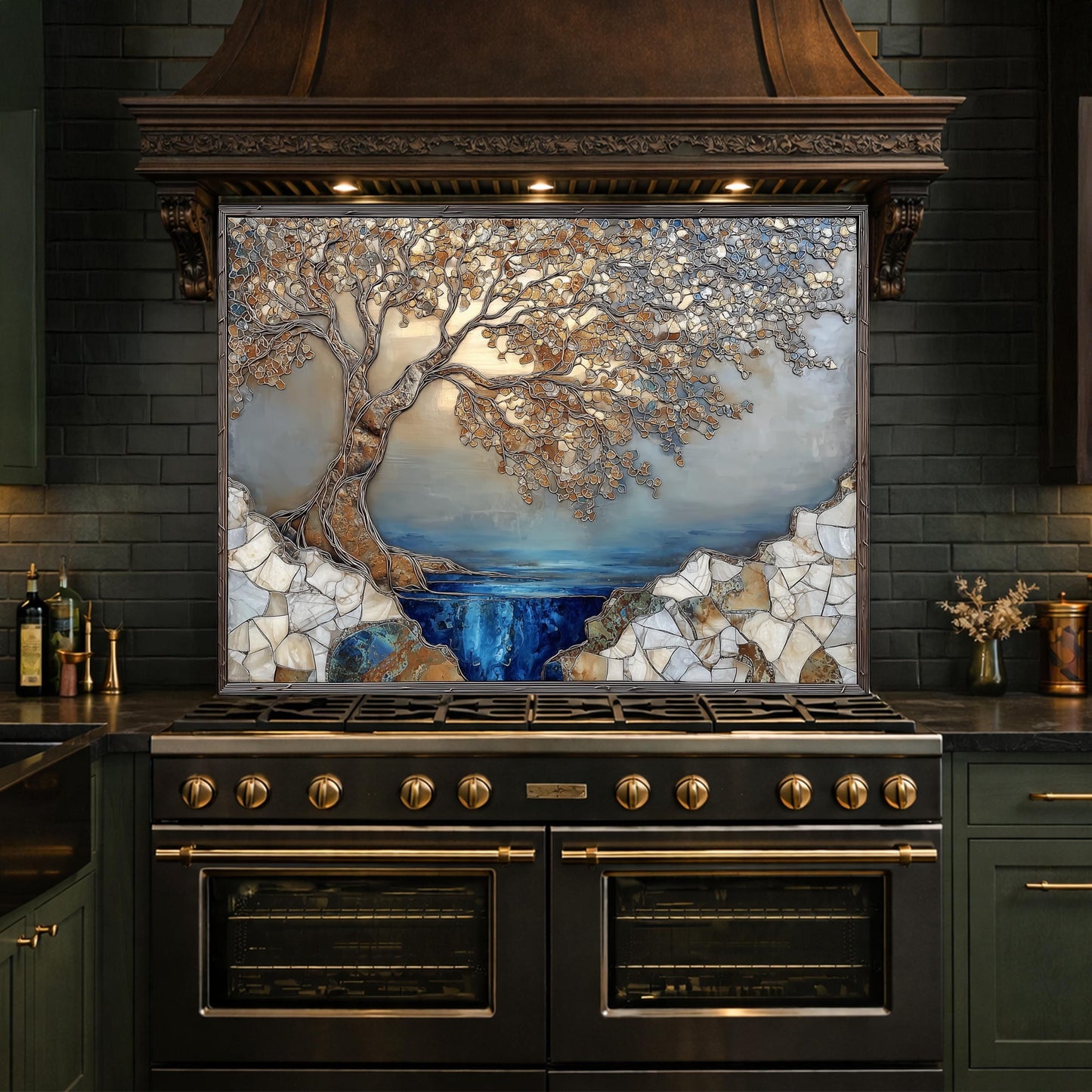 Tree Landscape Glass Backsplash Blue Lake Gold Leaves Kitchen Wall Panel