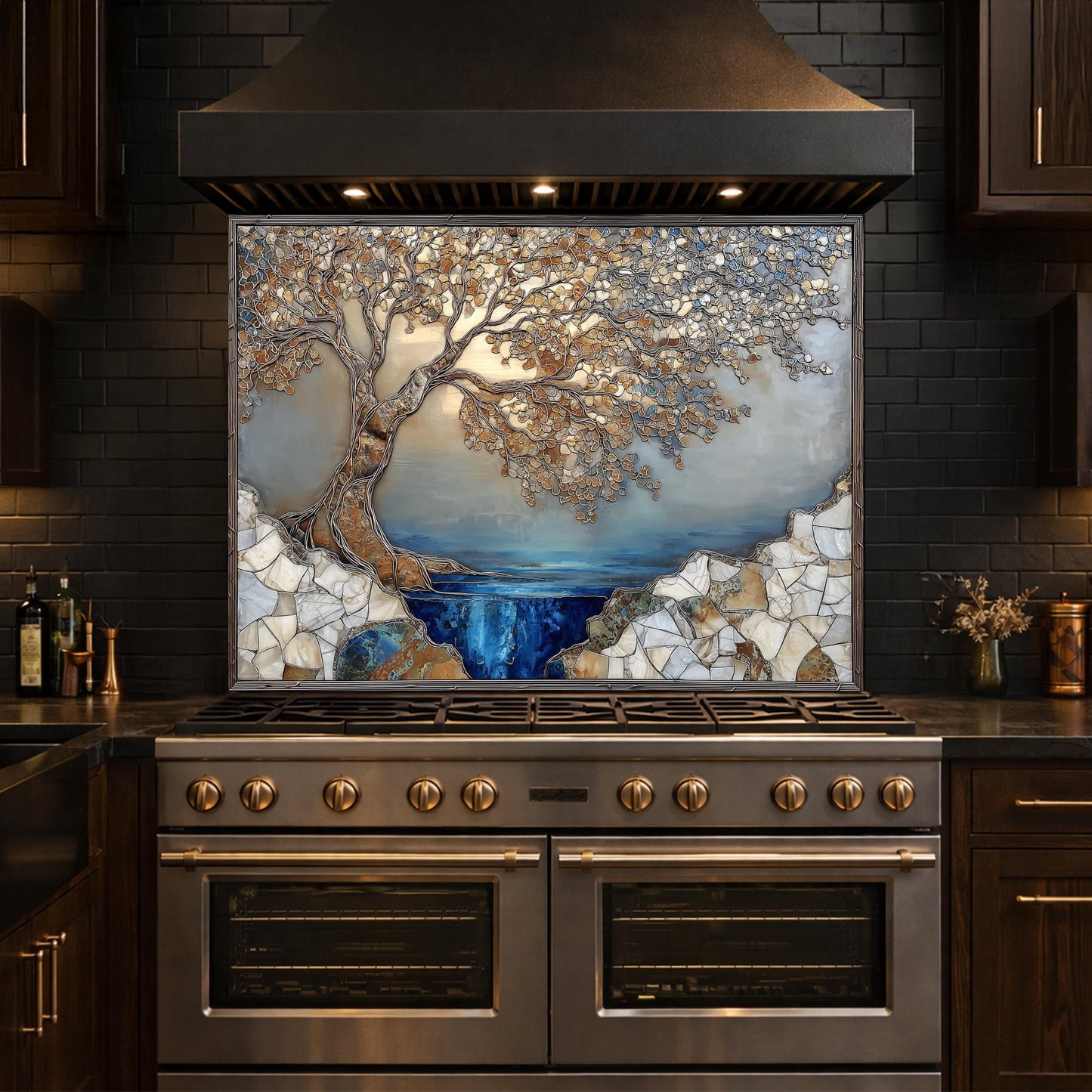 Tree Landscape Glass Backsplash Blue Lake Gold Leaves Kitchen Wall Panel
