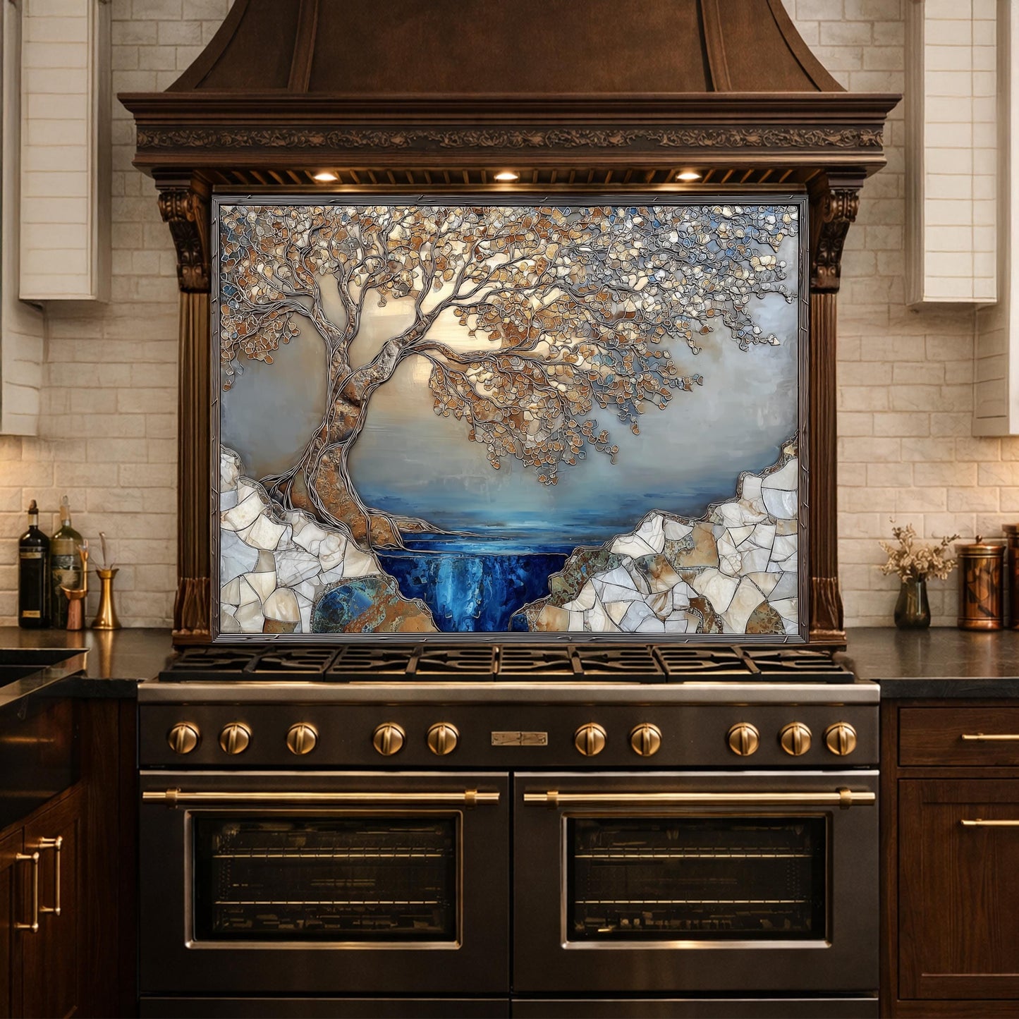 Tree Landscape Glass Backsplash Blue Lake Gold Leaves Kitchen Wall Panel