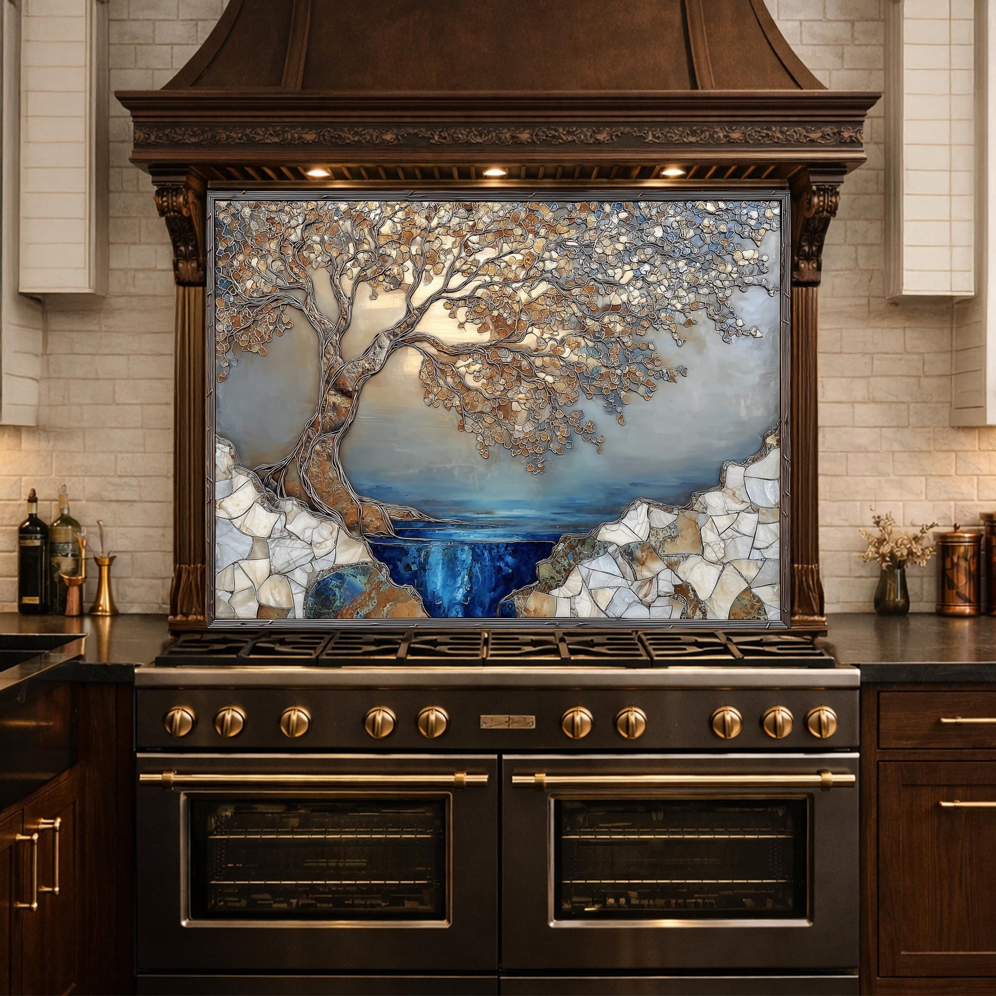 Tree Landscape Glass Backsplash Blue Lake Gold Leaves Kitchen Wall Panel