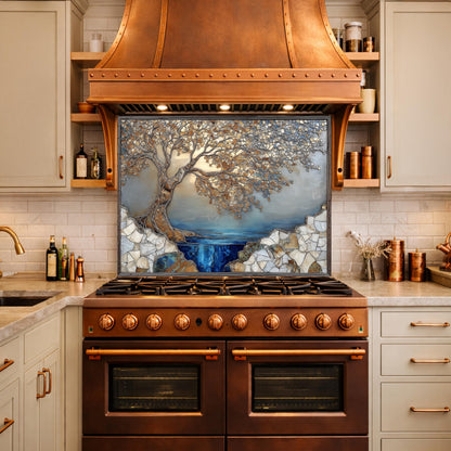 Tree Landscape Glass Backsplash Blue Lake Gold Leaves Kitchen Wall Panel