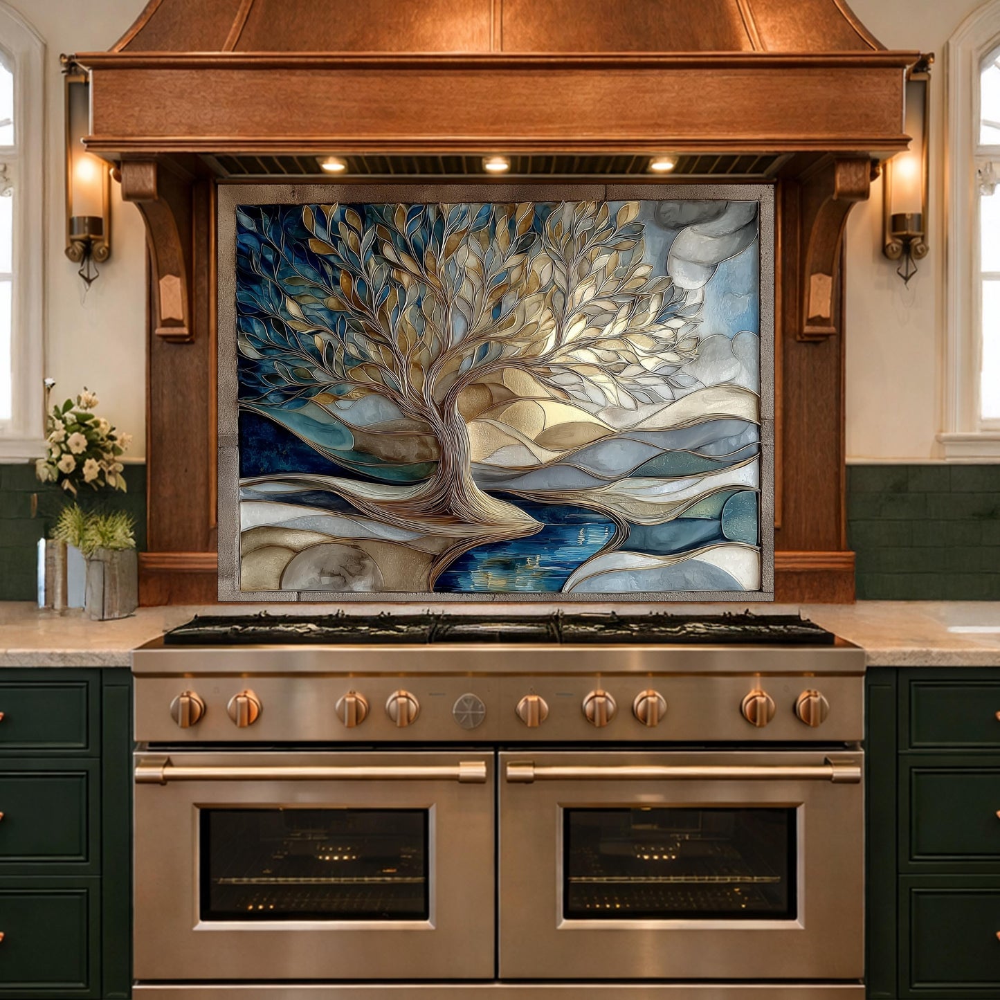 Tree of Life Glass Backsplash Blue Gold Landscape Kitchen Wall Decor Panel