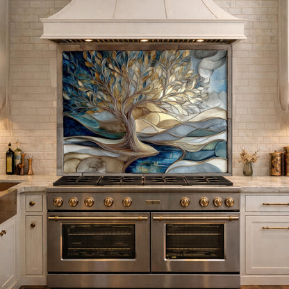 Tree of Life Glass Backsplash Blue Gold Landscape Kitchen Wall Decor Panel