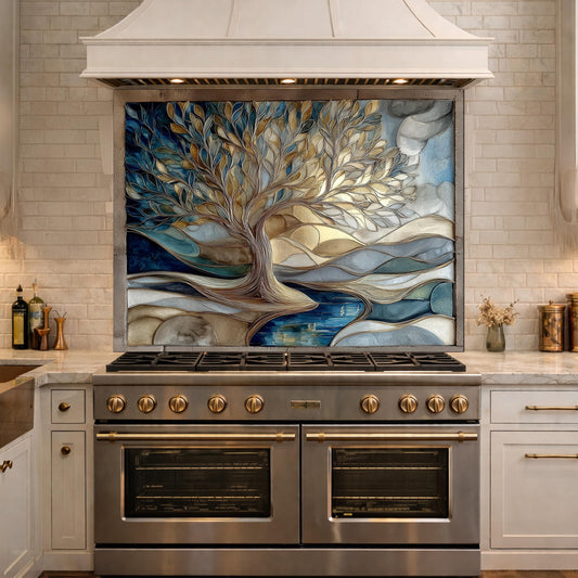 Tree of Life Glass Backsplash Blue Gold Landscape Kitchen Wall Decor Panel