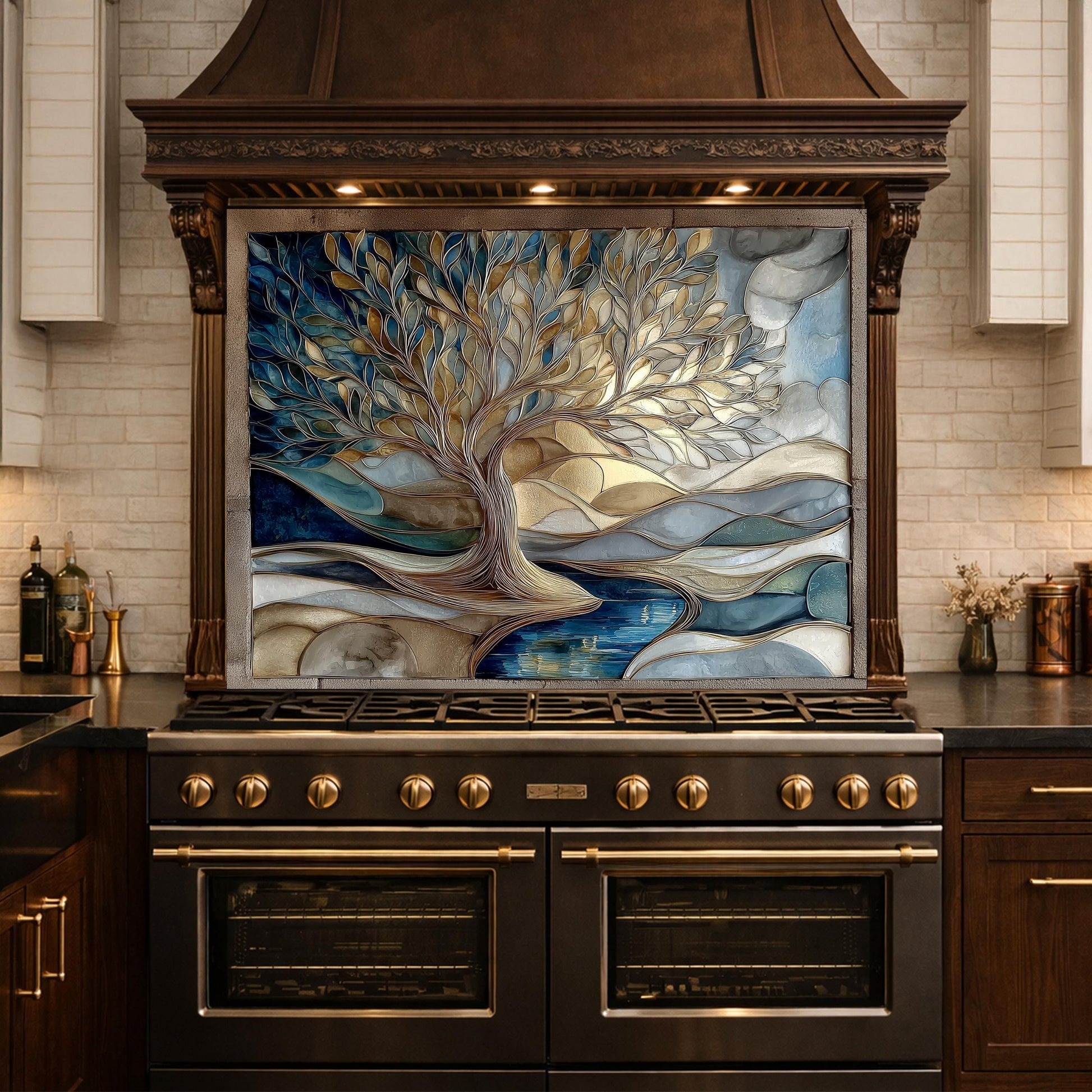 Tree of Life Glass Backsplash Blue Gold Landscape Kitchen Wall Decor Panel
