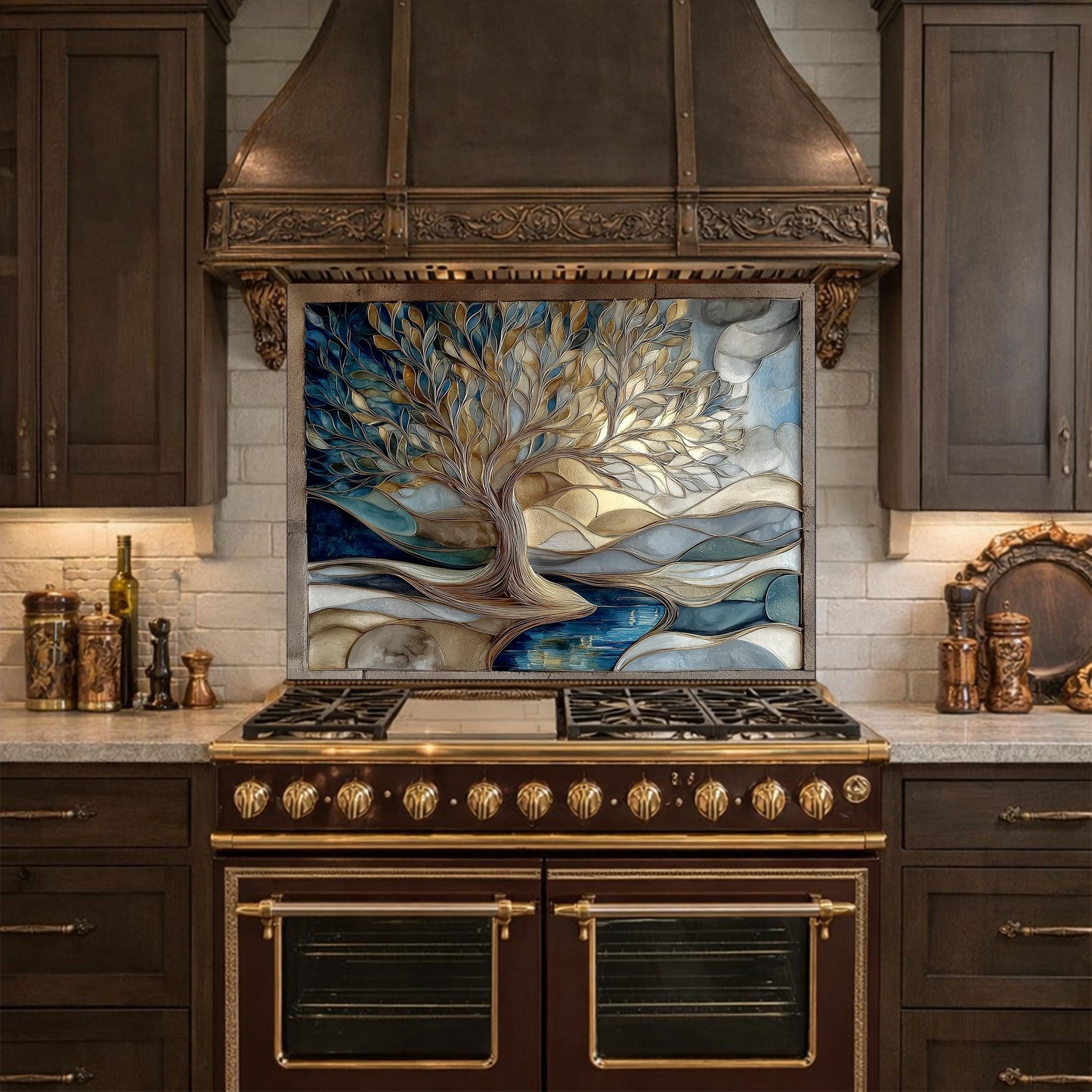 Tree of Life Glass Backsplash Blue Gold Landscape Kitchen Wall Decor Panel