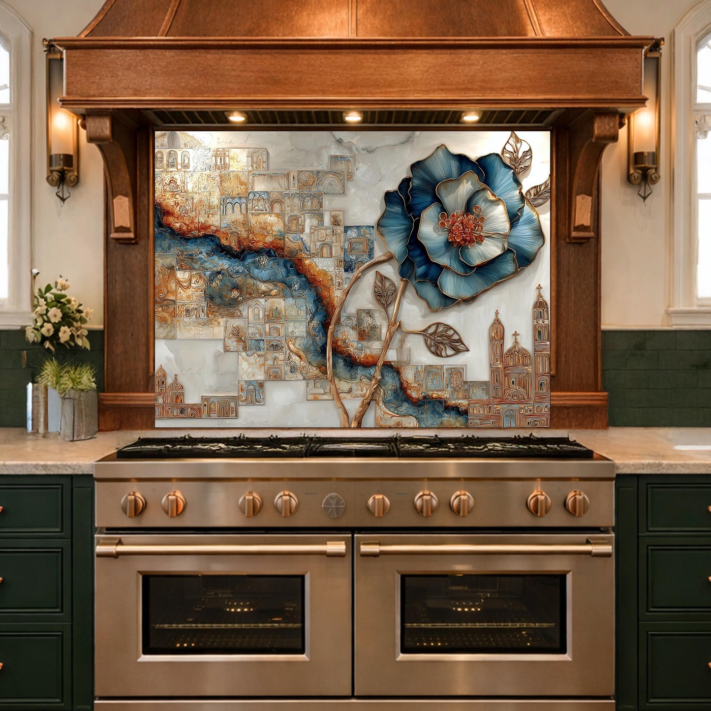Blue Flower Glass Backsplash Abstract City River Kitchen Wall Decor Panel