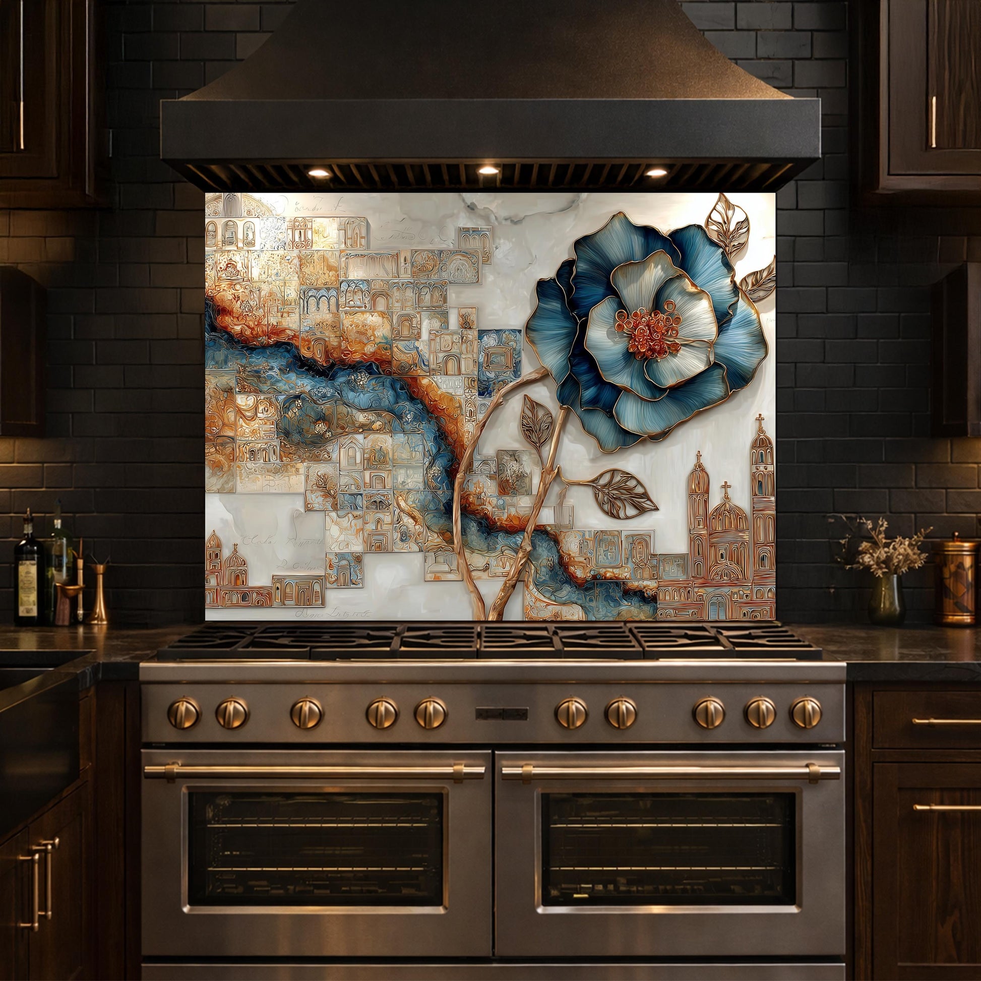 Blue Flower Glass Backsplash Abstract City River Kitchen Wall Decor Panel