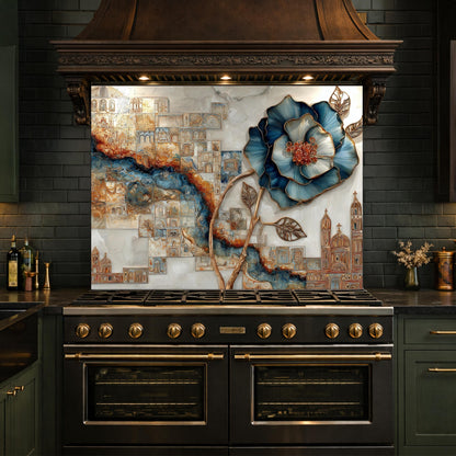 Blue Flower Glass Backsplash Abstract City River Kitchen Wall Decor Panel