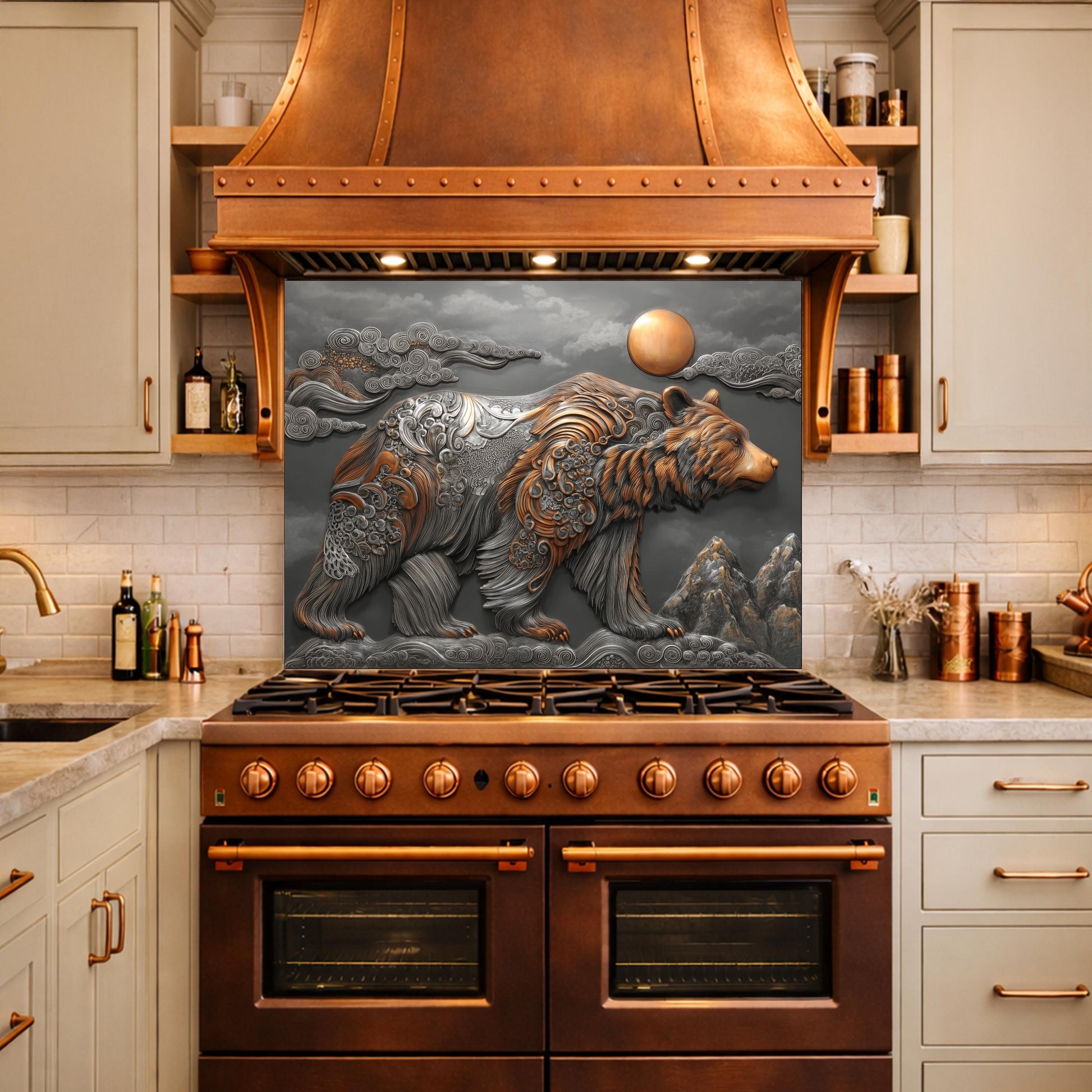 Bear Mountain Tempered Glass Kitchen Backsplash, Rustic Wildlife Stove Guard Wall Art
