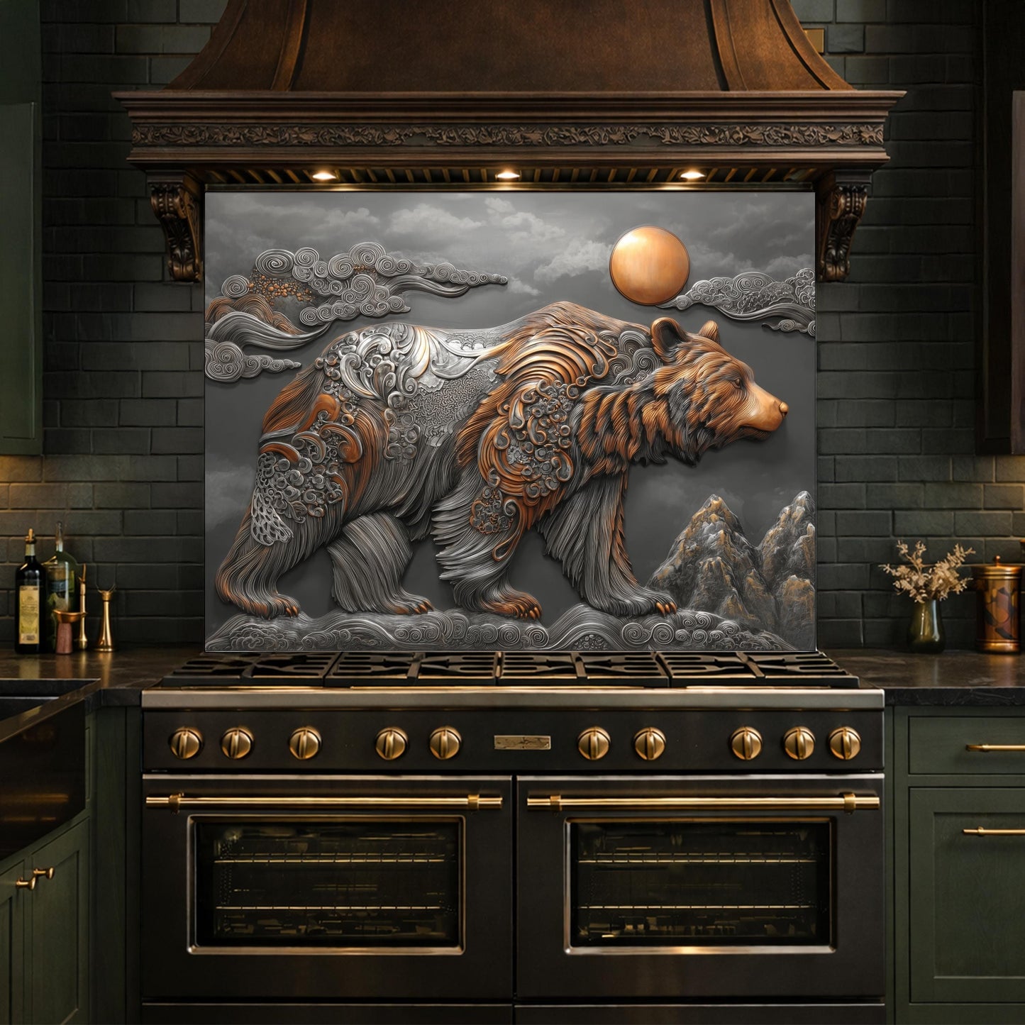 Bear Mountain Tempered Glass Kitchen Backsplash, Rustic Wildlife Stove Guard Wall Art