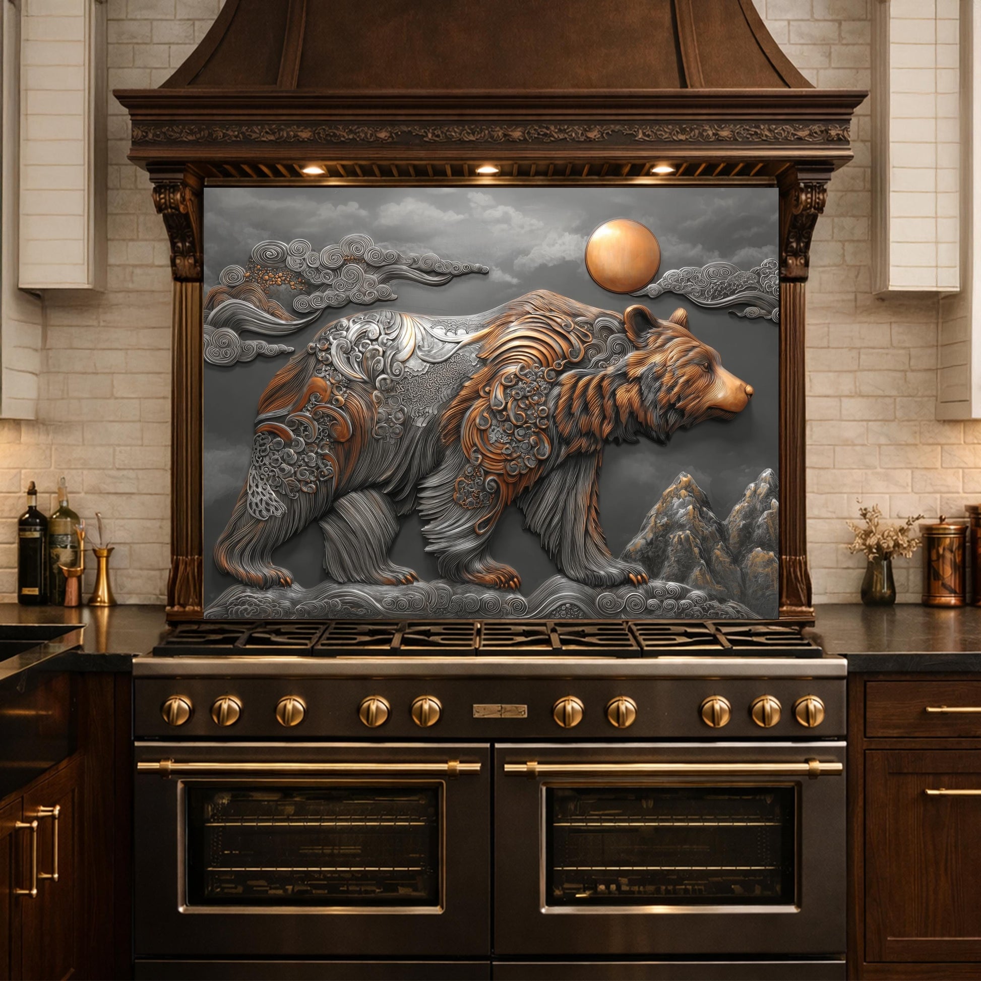 Bear Mountain Tempered Glass Kitchen Backsplash, Rustic Wildlife Stove Guard Wall Art