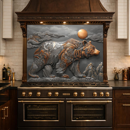 Bear Mountain Tempered Glass Kitchen Backsplash, Rustic Wildlife Stove Guard Wall Art