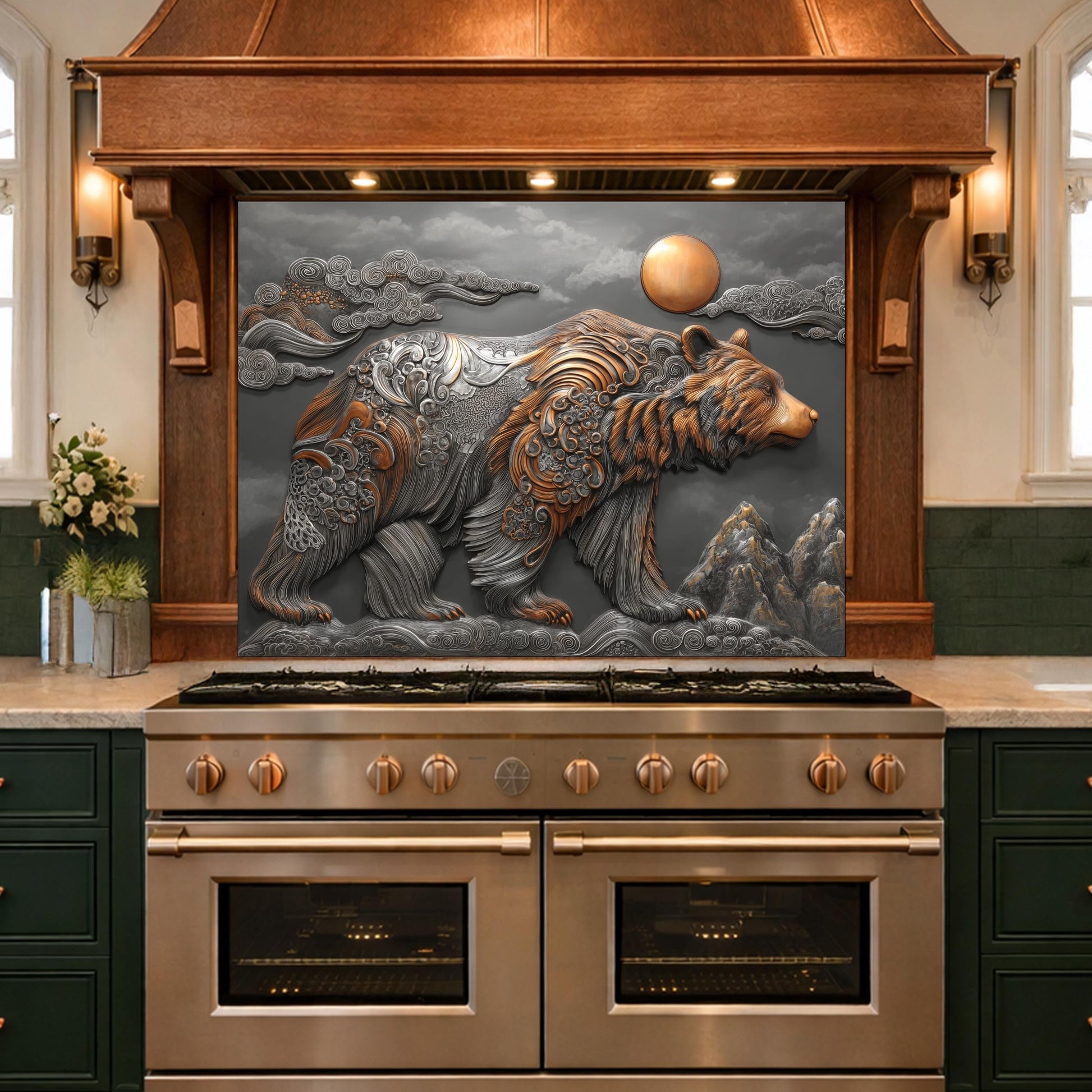 Bear Mountain Tempered Glass Kitchen Backsplash, Rustic Wildlife Stove Guard Wall Art